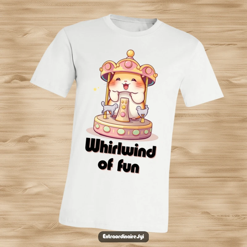 Funny Hamster Carousel T-Shirt: A happy hamster spinning a miniature magical carousel, radiating pure funny joy.