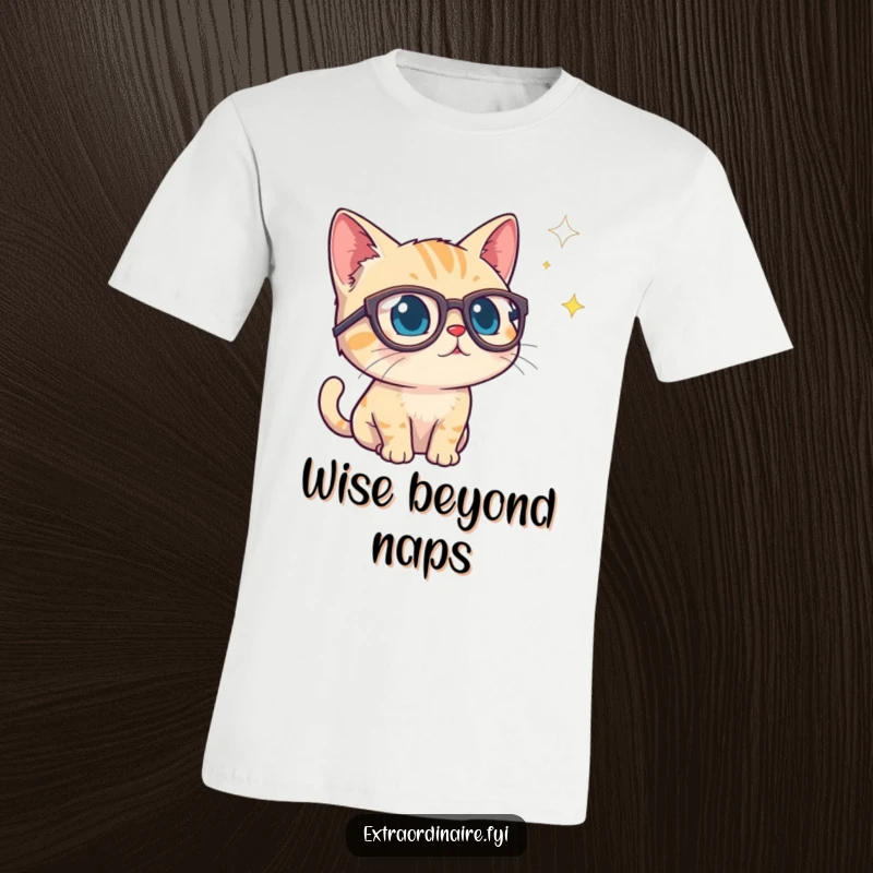 Funny t-shirt showcasing a curious cat in large spectacles gazing into a vast starry void, symbolizing deep thought and wonder.