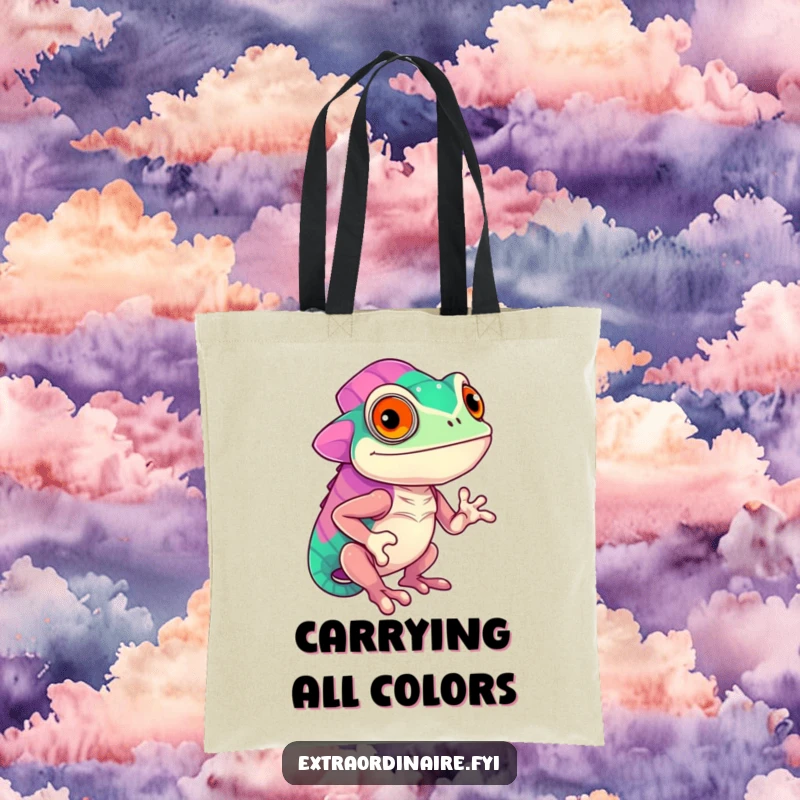Funny confident chameleon displaying vibrant colors on a tote bag, great for shopping or carrying essentials, a stylish and humorous accessory.