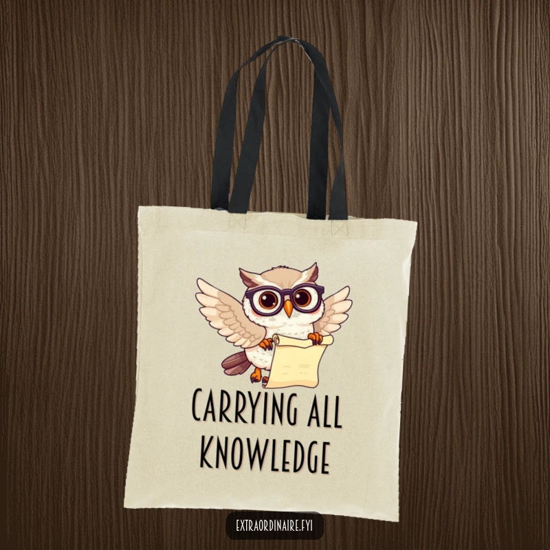 Funny wise owl scholar tote bag for carrying books, featuring a beaming owl with spectacles and a scroll.