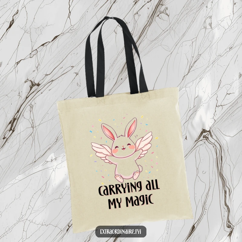 Funny Winged Rabbit Tote Bag: A joyful rabbit with wings takes flight through a celebratory shower of confetti, perfect for carrying essentials.