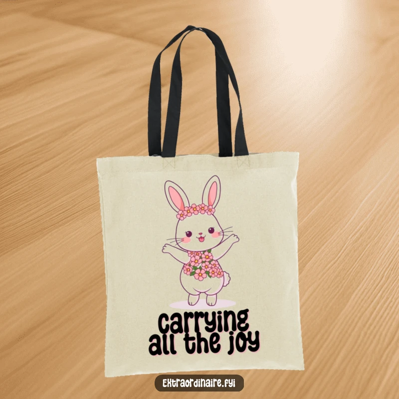 Funny dancing rabbit tote bag, wearing a flower garland, perfect for carrying essentials with style and humor, great funny gift.
