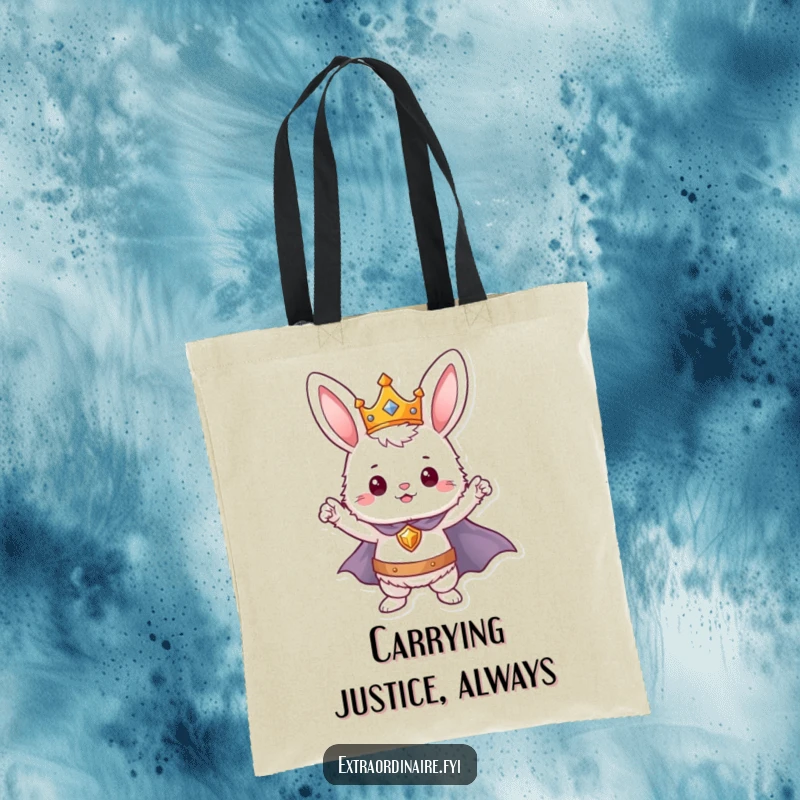 Funny bunny hero tote bag, depicting a crowned and caped rabbit striking a confident, heroic pose.