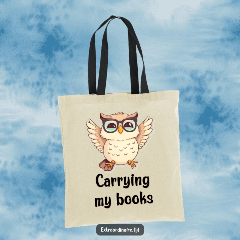 Funny tote bag depicting a giggling owl with spectacles trying to fly with mismatched wings, perfect for carrying wisdom.