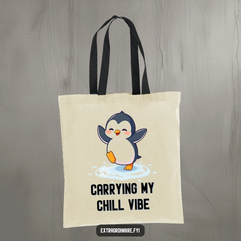 Funny penguin tote bag showcasing a penguin energetically dancing on a slick, icy surface, a joyful and humorous scene.