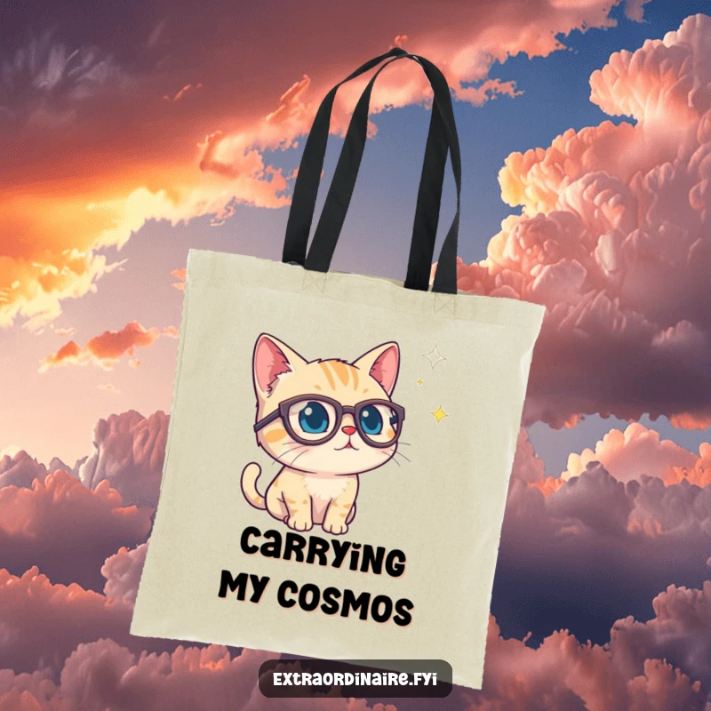 Funny tote bag with a curious cat in spectacles gazing into a starry void, ideal for carrying items with intellectual flair.