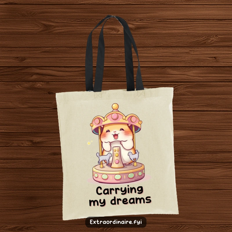 Funny Hamster Carousel Tote Bag: A charming hamster spinning a magical carousel, perfect for carrying your funny essentials.