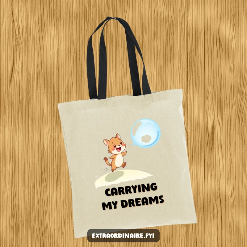 Funny tote bag graphic showing a cute animal character enthusiastically pursuing a large, ethereal bubble against a cheerful backdrop.
