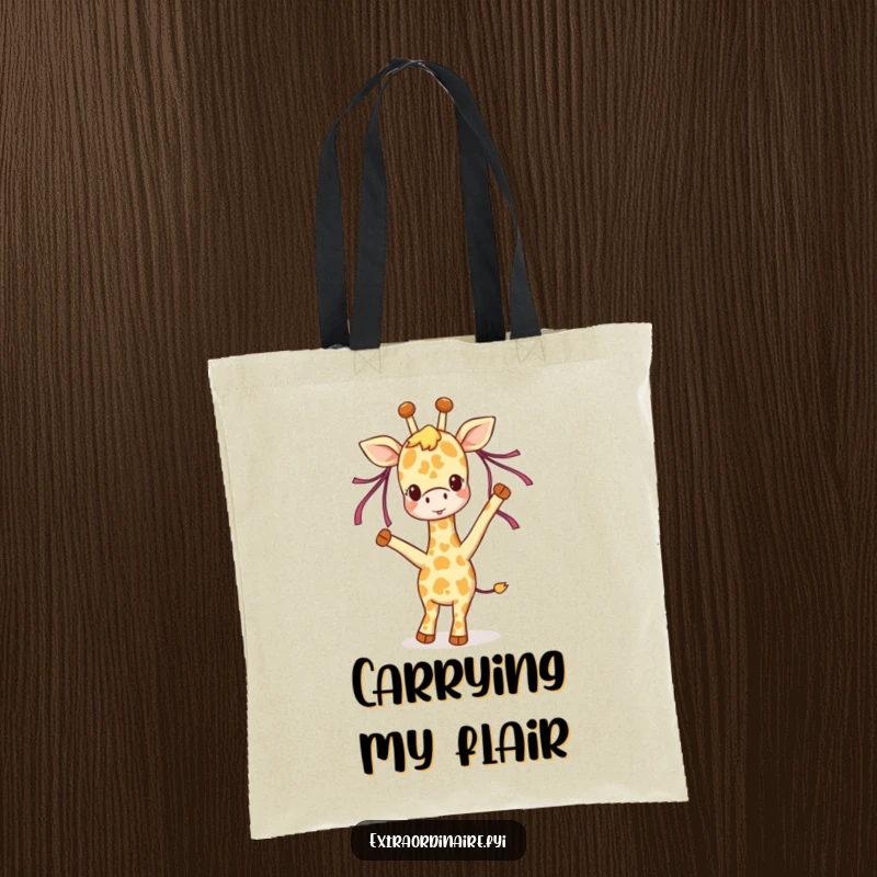Funny giraffe tote bag, a joyful giraffe dancing with ribbons in its mane, practical and stylish for carrying daily essentials.