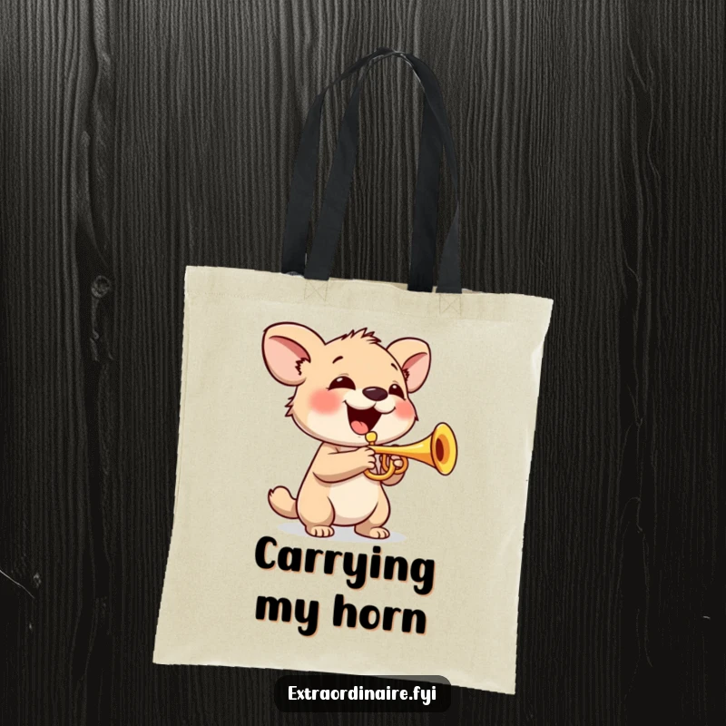 Funny Tote Bag: A smiling animal character plays a tiny trumpet, symbolizing musical joy and vibrant tunes.