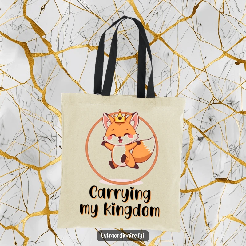 Funny tote bag featuring a cheerful fox wearing a crown, mid-leap through a hoop, symbolizing playful royalty.