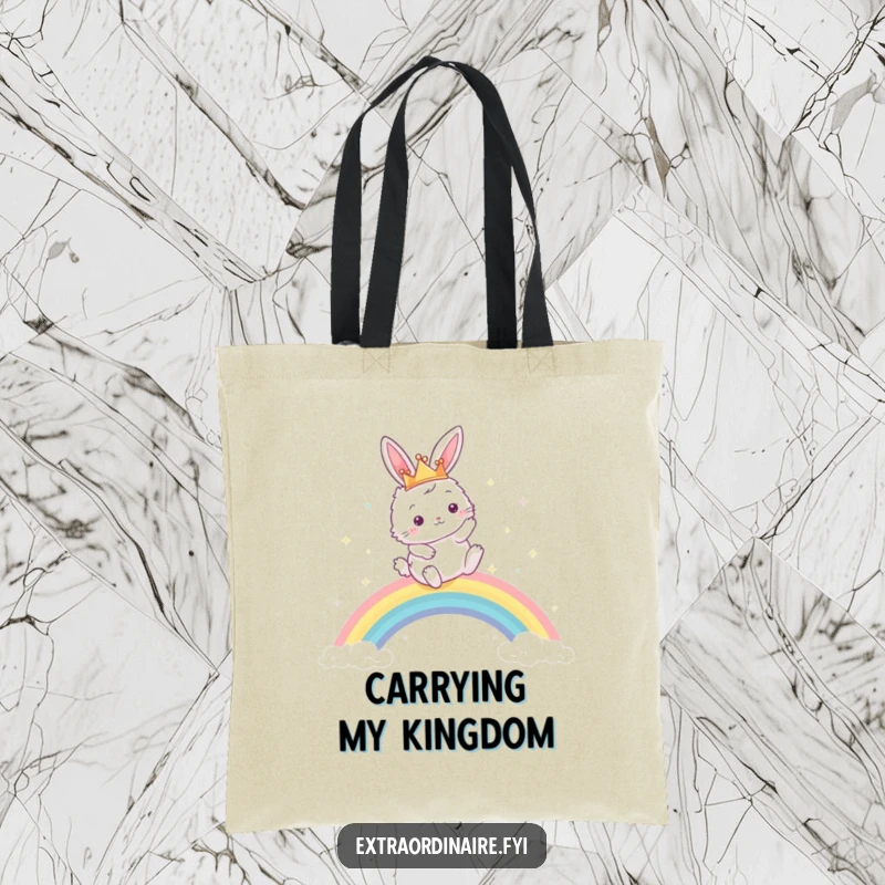 Funny tote bag featuring a crowned fluffy bunny leaping over a dazzling rainbow, ideal for stylish, humorous everyday use.
