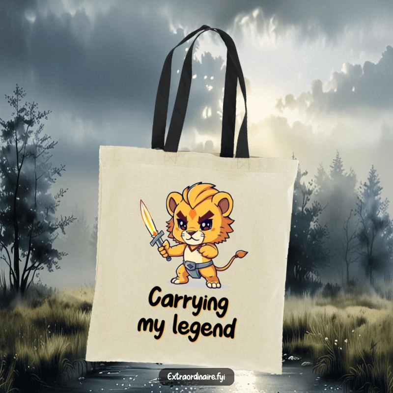 Funny lion cub tote bag, a determined lion cub with a tiny sword, ready for adventure, durable and stylish accessory.