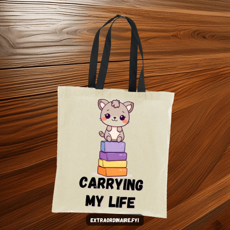 Funny Tote Bag: A playful animal character masterfully balances on a stack of colorful blocks, showcasing fun and skill.