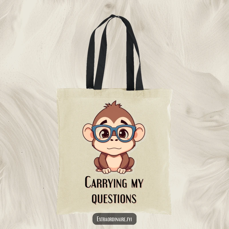 Funny monkey tote bag, a silly monkey character with oversized glasses looking confused, perfect for carrying essentials with a humorous touch.