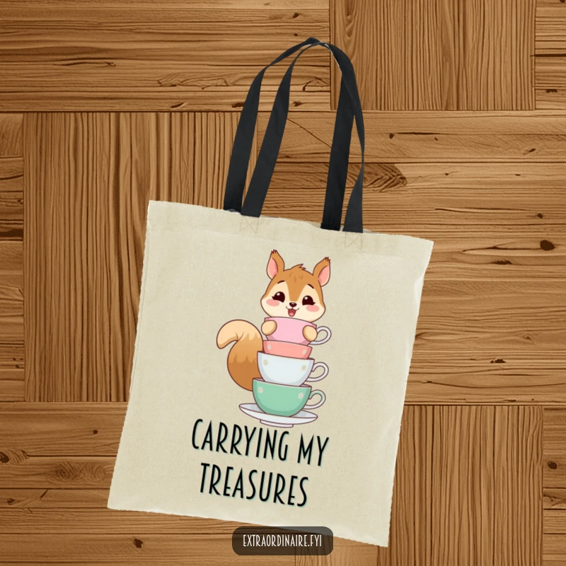 Funny tote bag featuring a cheerful squirrel character precariously balancing a stack of teacups, a humorous and eye-catching design.