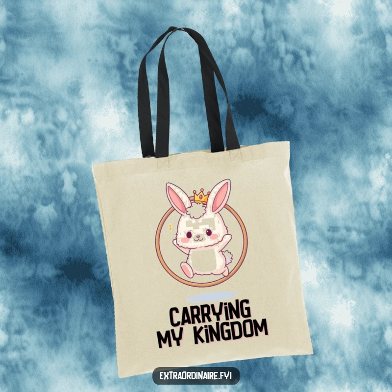 Funny tote bag featuring a fluffy bunny with a tiny crown leaping through a hoop. A charming and whimsical accessory.