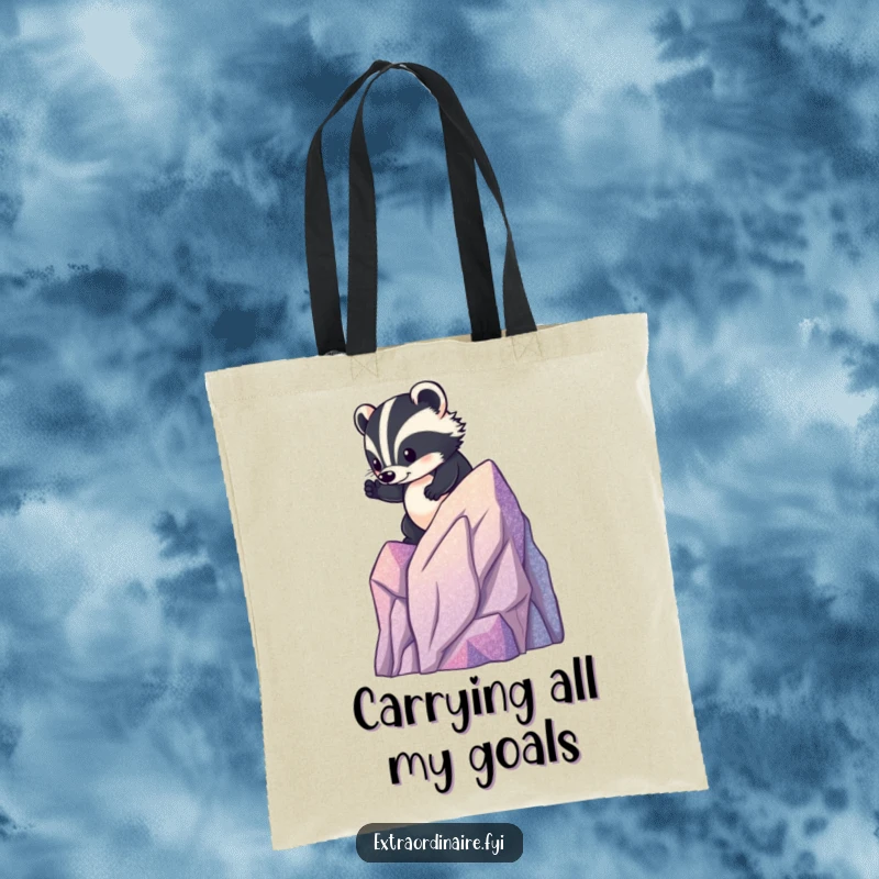 Funny badger mountain tote bag, a brave animal scaling a miniature glittery mountain, perfect for carrying gear with a smile.