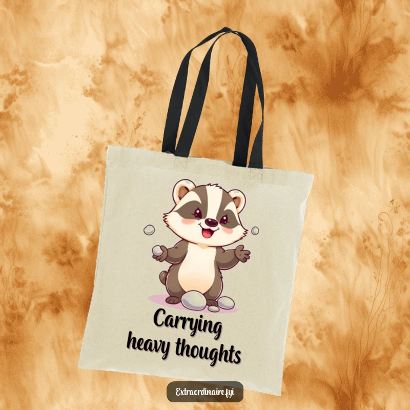 Funny tote bag featuring a delighted badger character enthusiastically juggling shiny pebbles, a humorous and eye-catching design.