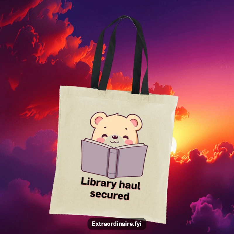 Funny tote bag with a smiling bear peeking from behind a book, perfect for carrying books and essentials with literary flair.