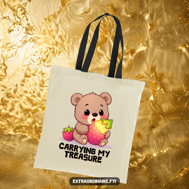 Funny bear cub tote bag depicting a cub’s stunned reaction to finding a giant, luminous berry, a humorous and captivating design.