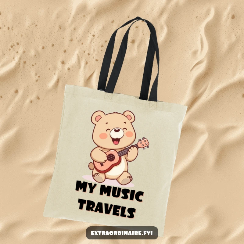 Funny Bear Tote Bag: A cheerful bear character holds a miniature ukulele, ready to play a happy tune.