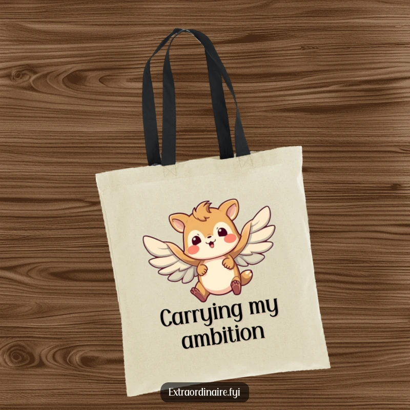 Funny tote bag design of a brave animal character attempting flight with large, awkwardly flapping wings, symbolizing determination.
