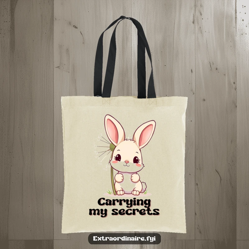 Funny tote bag depicting a curious bunny peeking from behind a giant, sparkling dandelion, perfect for carrying whimsical finds.
