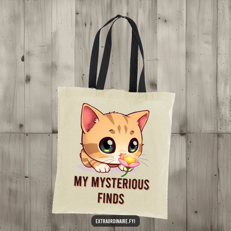 Funny tote bag with a curious cat, huge eyes wide, sniffing a brightly glowing flower, perfect for carrying magical finds.
