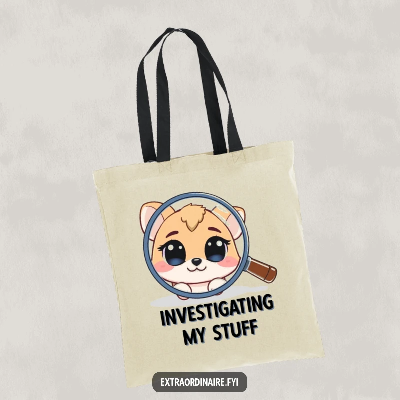 Funny Tote Bag: A curious animal character peeks from behind a giant magnifying glass, symbolizing curiosity and discovery.