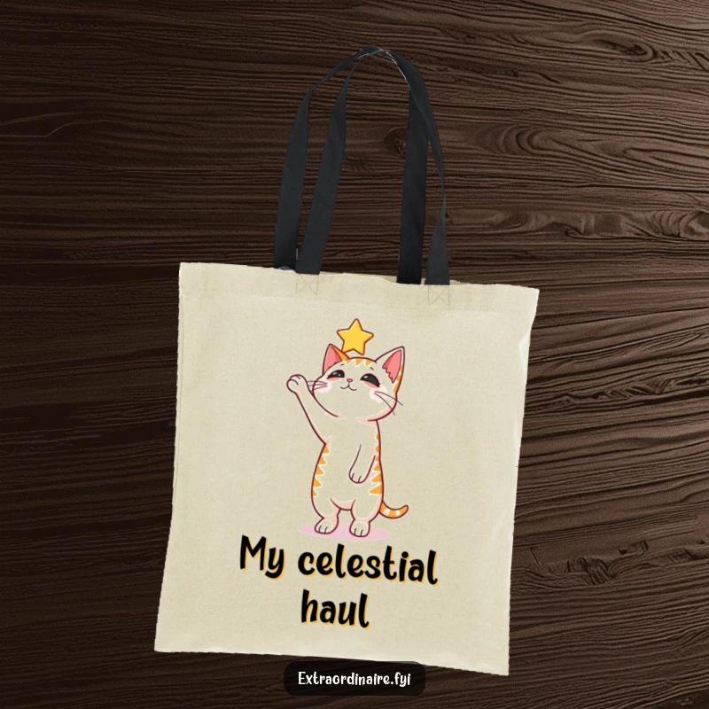 Funny curious cat tote bag, depicting a cat balancing on hind legs reaching for a floating star.