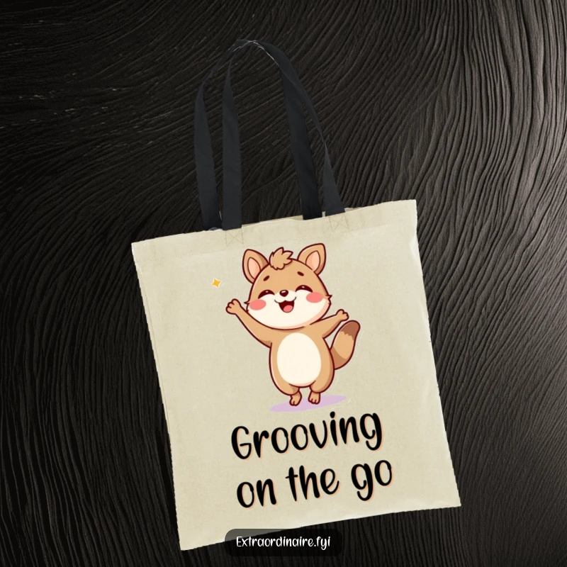 Funny Tote Bag: A jubilant animal character performs a silly, energetic dance, showcasing pure joy and movement.