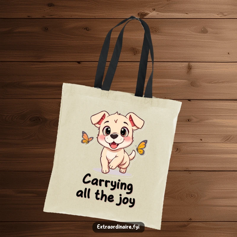 Funny tote bag depicting a dog with oversized, happy eyes chasing a butterfly, perfect for carrying essentials with a smile.