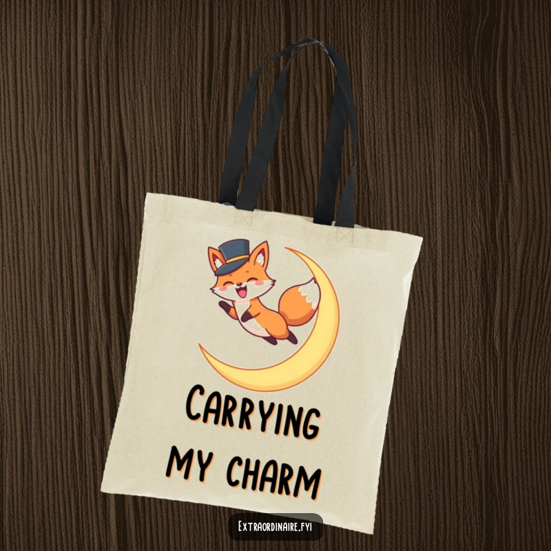 Funny Fox Top Hat Tote Bag: An excited fox in a top hat performing a daring jump over a glowing crescent moon. Stylish and funny.