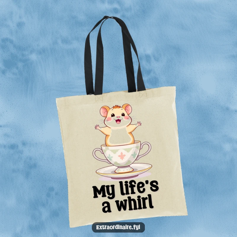 Funny Hamster Tote Bag: A happy hamster balancing on a spinning teacup, looking exhilarated, perfect for carrying daily items.