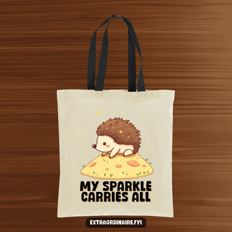 Funny Hedgehog Tote Bag showing a happy hedgehog rolling down a stardust-covered hill, a charming and practical accessory for daily use.