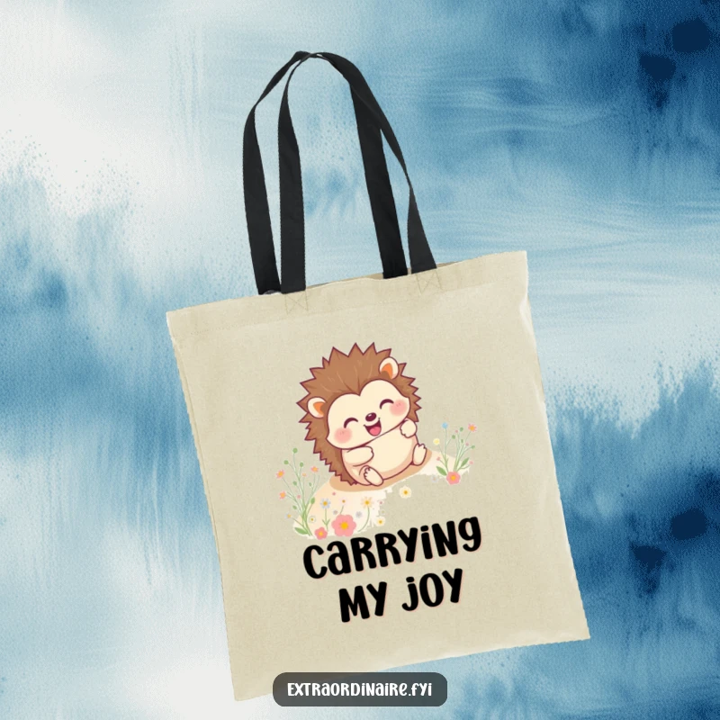A cute and funny hedgehog rolling with a grin through a field of flowers on a durable tote bag.