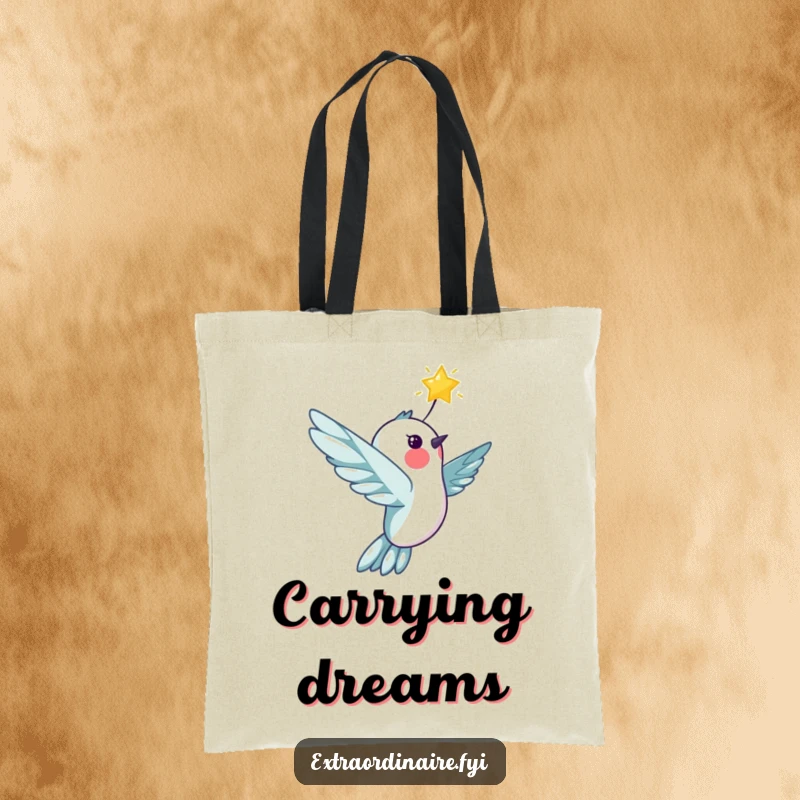 Funny cheerful hummingbird soaring with a star on a tote bag, great for carrying essentials, a magical and humorous accessory.