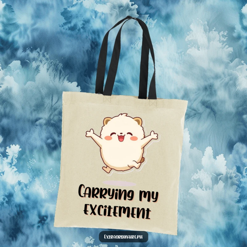 Funny Tote Bag: Depicting a fluffy, round animal character mid-leap with arms flung wide, a symbol of energetic happiness.