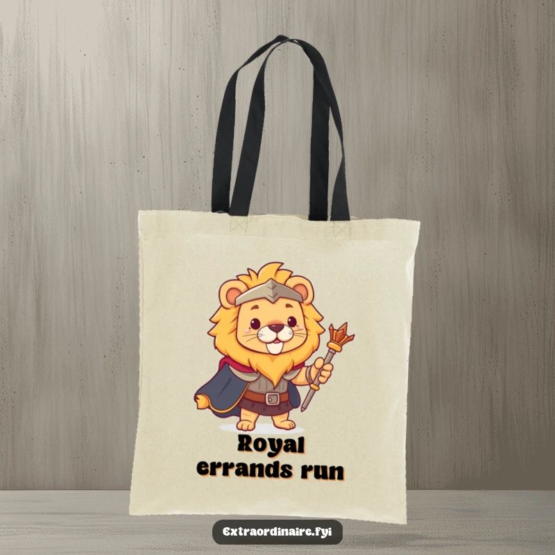 Funny lion tote bag, wearing a cape and holding a scepter, exuding bravery and regal splendor.