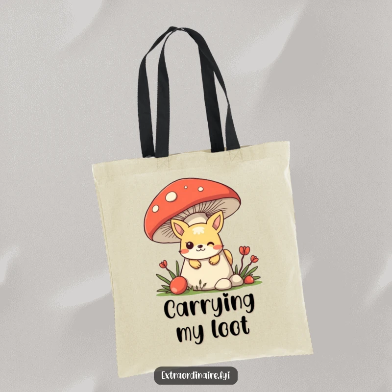 Funny mischievous animal character hiding behind a giant mushroom, peeking out playfully on a durable tote bag.
