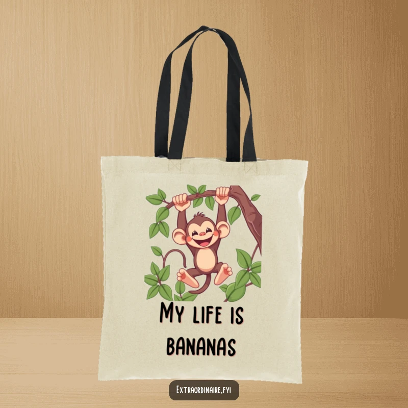 Funny Monkey Tote Bag featuring a mischievous monkey swinging from a vine with a wide grin, practical and humorous for everyday use.