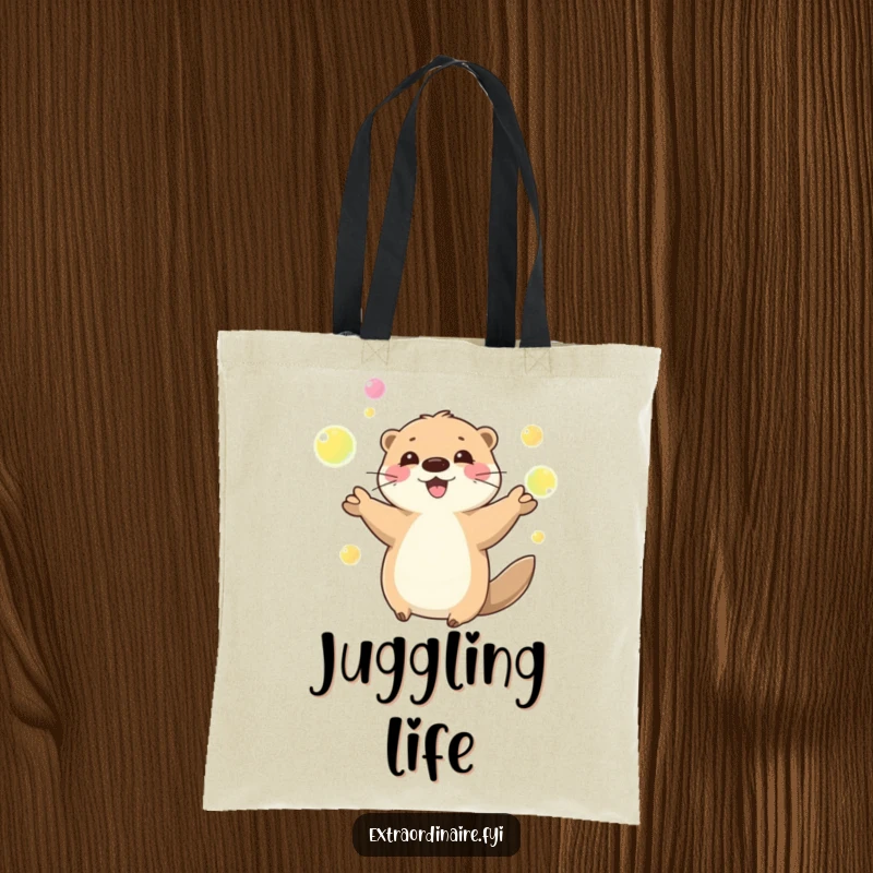 Funny playful otter juggling glowing orbs on a tote bag, great for shopping or carrying books, a whimsical and humorous accessory.