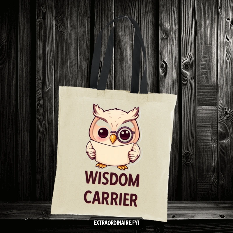 Funny tote bag with a wise owl wearing a monocle and reading a scroll, ideal for carrying essentials with intelligence.