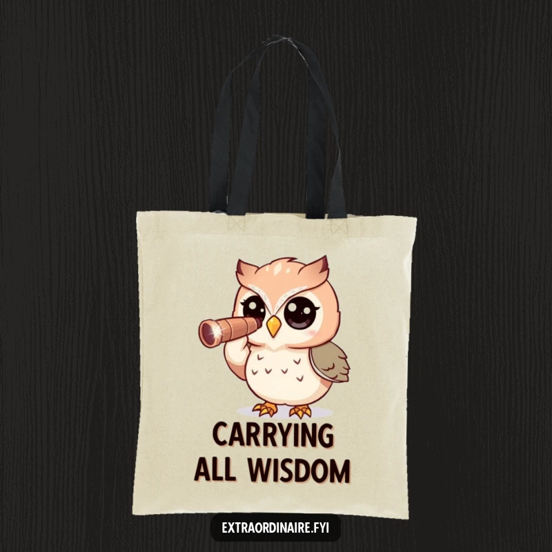 Funny Owl Tote Bag: A curious owl character uses a sparkly telescope to scan the horizon.