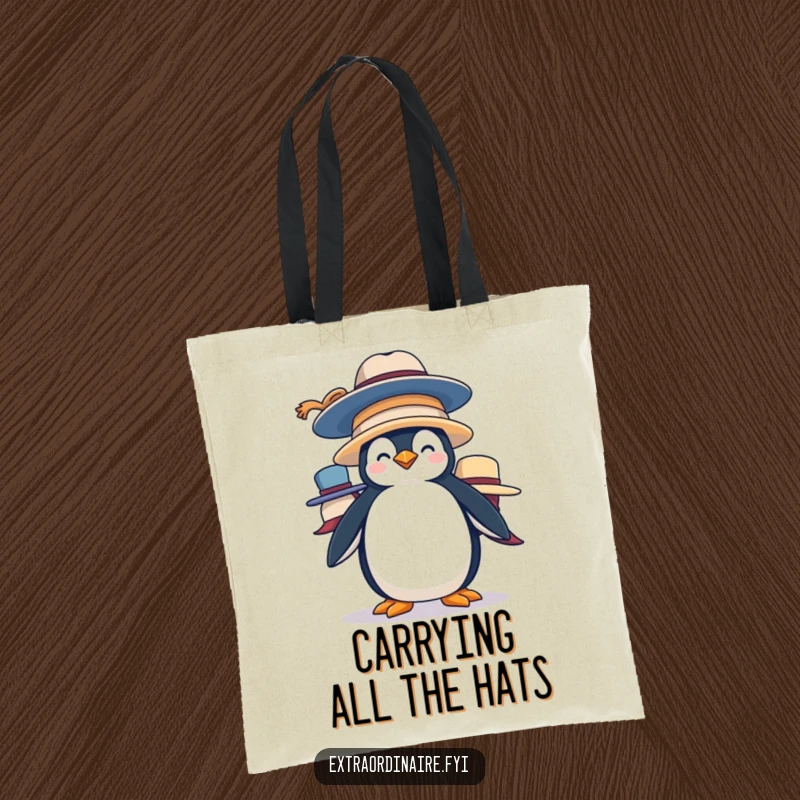 Funny Penguin Hat Stack Tote Bag: A silly penguin balances a pile of large hats, creating a humorous and eye-catching accessory for daily use.