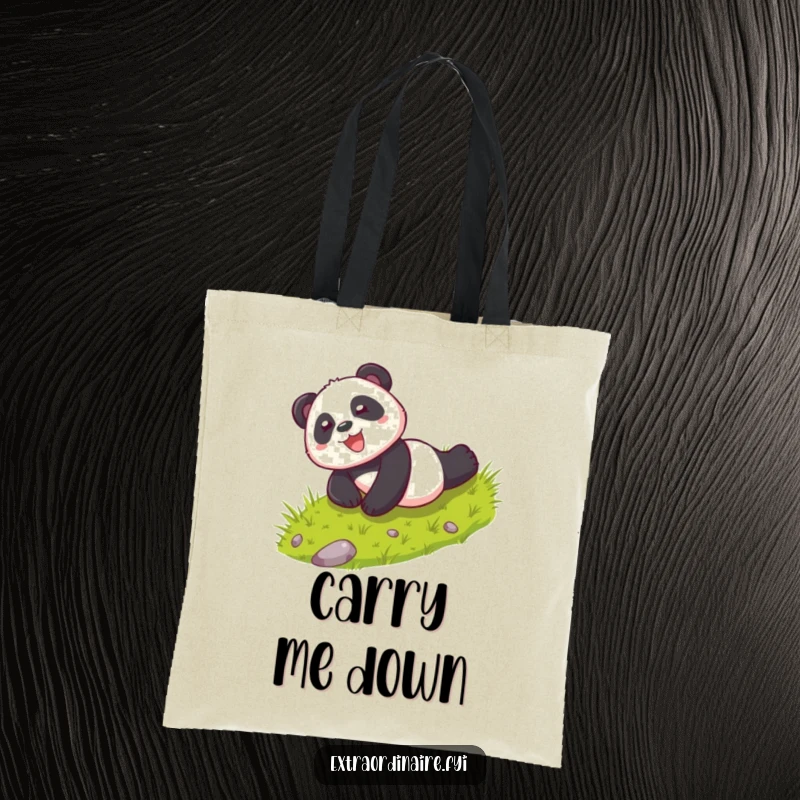 Funny tote bag with a playful panda character rolling down a grassy hill with glee, ideal for carrying items with cheerful flair.