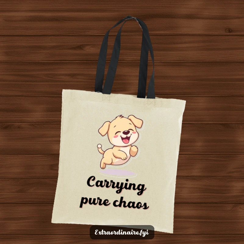 Funny puppy giggling tote bag, a dog chasing its tail in a circle while giggling happily.
