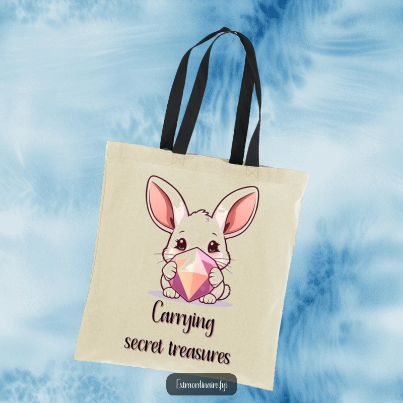 Funny tote bag featuring a rabbit with large ears peeking from behind a sparkling gem, symbolizing curiosity.