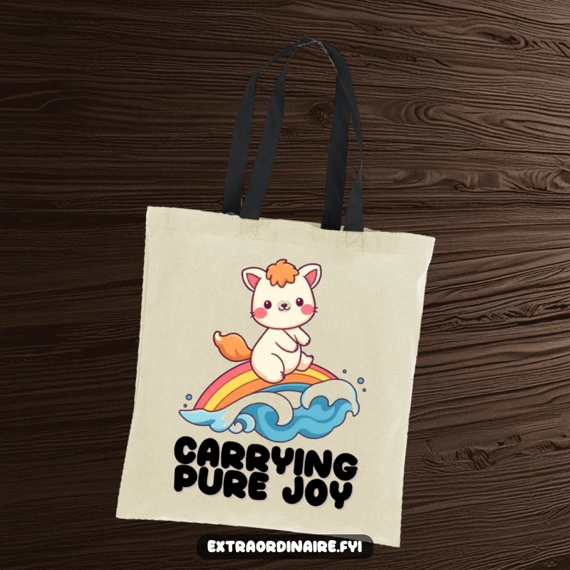 Funny tote bag design of a smiling animal character riding a bright rainbow, waving hello, perfect for carrying daily essentials.